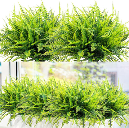 12 Bundles Artificial Boston Ferns Fake Plants Outdoor Greenery Stems Faux Shrubs UV Resistant No Fade Plastic Grass Plants for Garden Front Porch Table Window Box Home Decorations（Green）