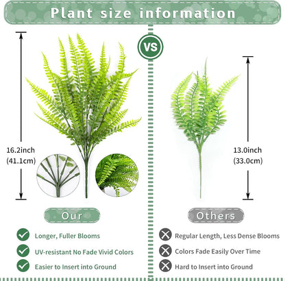 12 Bundles Artificial Boston Ferns Fake Plants Outdoor Greenery Stems Faux Shrubs UV Resistant No Fade Plastic Grass Plants for Garden Front Porch Table Window Box Home Decorations（Green）
