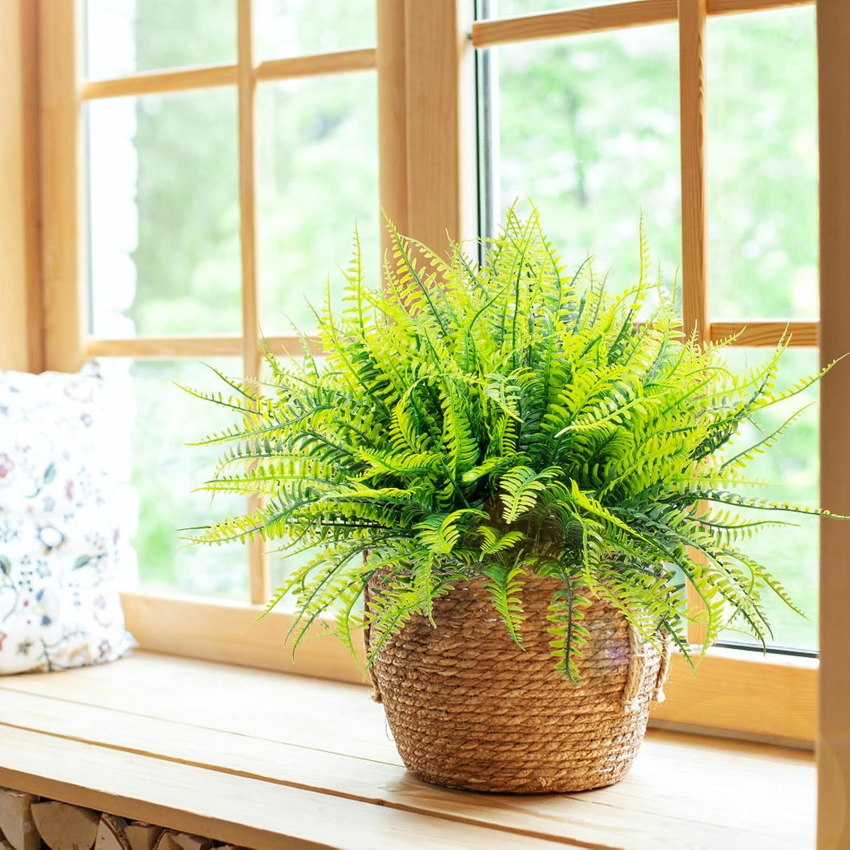 12 Bundles Artificial Boston Ferns Fake Plants Outdoor Greenery Stems Faux Shrubs UV Resistant No Fade Plastic Grass Plants for Garden Front Porch Table Window Box Home Decorations（Green）