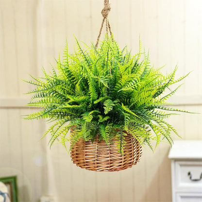12 Bundles Artificial Boston Ferns Fake Plants Outdoor Greenery Stems Faux Shrubs UV Resistant No Fade Plastic Grass Plants for Garden Front Porch Table Window Box Home Decorations（Green）