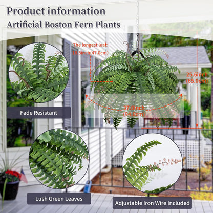 12 Bundles Artificial Boston Ferns Fake Plants Outdoor Greenery Stems Faux Shrubs UV Resistant No Fade Plastic Grass Plants for Garden Front Porch Table Window Box Home Decorations（Green）