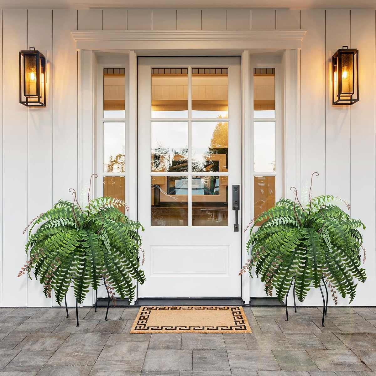 12 Bundles Artificial Boston Ferns Fake Plants Outdoor Greenery Stems Faux Shrubs UV Resistant No Fade Plastic Grass Plants for Garden Front Porch Table Window Box Home Decorations（Green）
