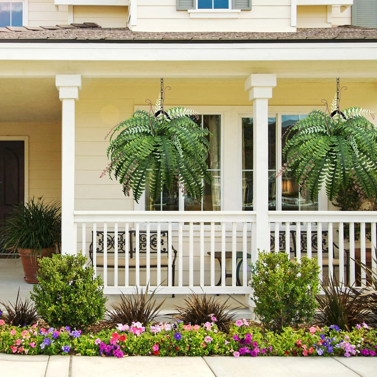 12 Bundles Artificial Boston Ferns Fake Plants Outdoor Greenery Stems Faux Shrubs UV Resistant No Fade Plastic Grass Plants for Garden Front Porch Table Window Box Home Decorations（Green）