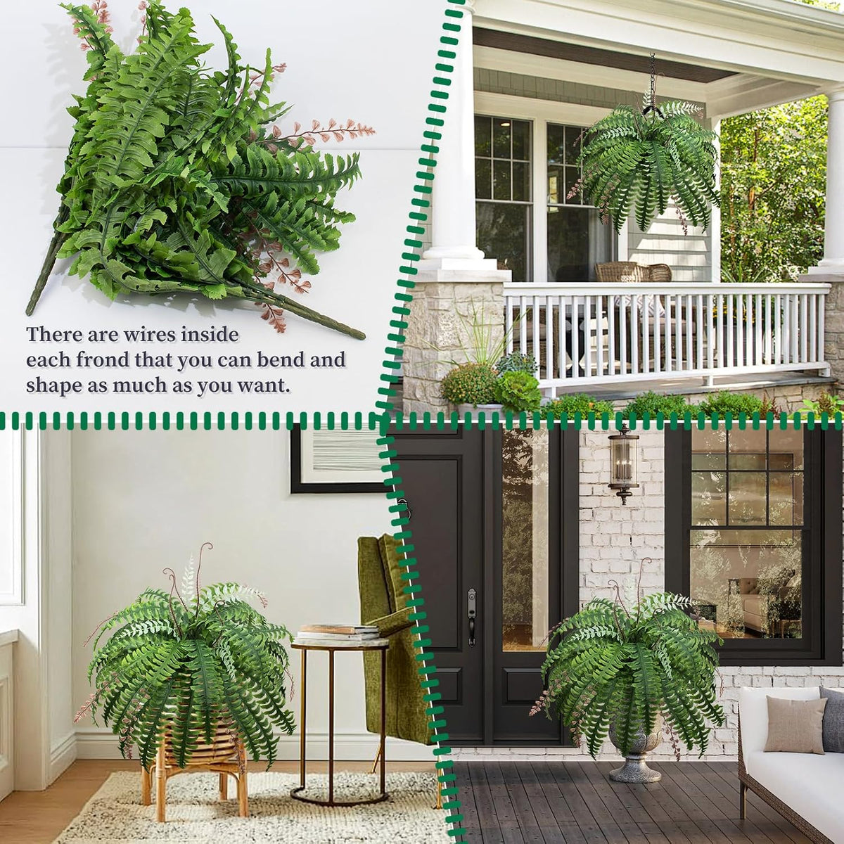 12 Bundles Artificial Boston Ferns Fake Plants Outdoor Greenery Stems Faux Shrubs UV Resistant No Fade Plastic Grass Plants for Garden Front Porch Table Window Box Home Decorations（Green）