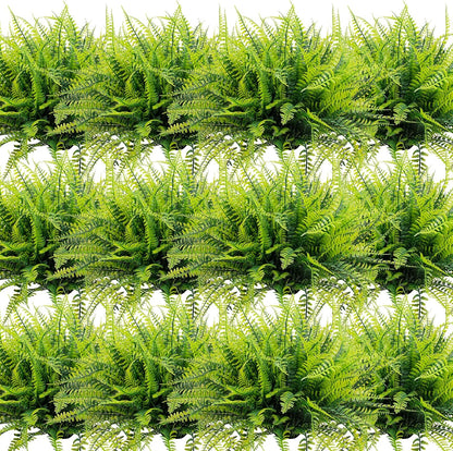 12 Bundles Artificial Boston Ferns Fake Plants Outdoor Greenery Stems Faux Shrubs UV Resistant No Fade Plastic Grass Plants for Garden Front Porch Table Window Box Home Decorations（Green）
