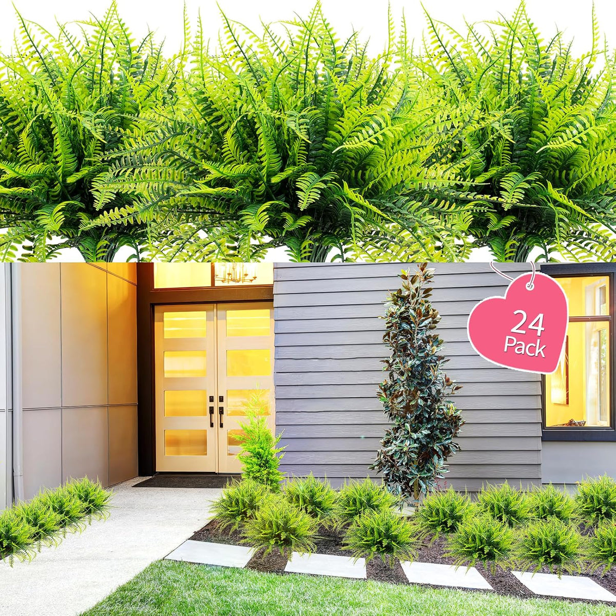 12 Bundles Artificial Boston Ferns Fake Plants Outdoor Greenery Stems Faux Shrubs UV Resistant No Fade Plastic Grass Plants for Garden Front Porch Table Window Box Home Decorations（Green）