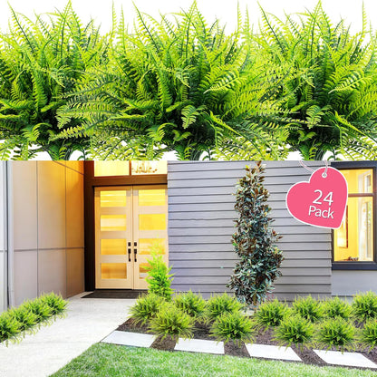 12 Bundles Artificial Boston Ferns Fake Plants Outdoor Greenery Stems Faux Shrubs UV Resistant No Fade Plastic Grass Plants for Garden Front Porch Table Window Box Home Decorations（Green）