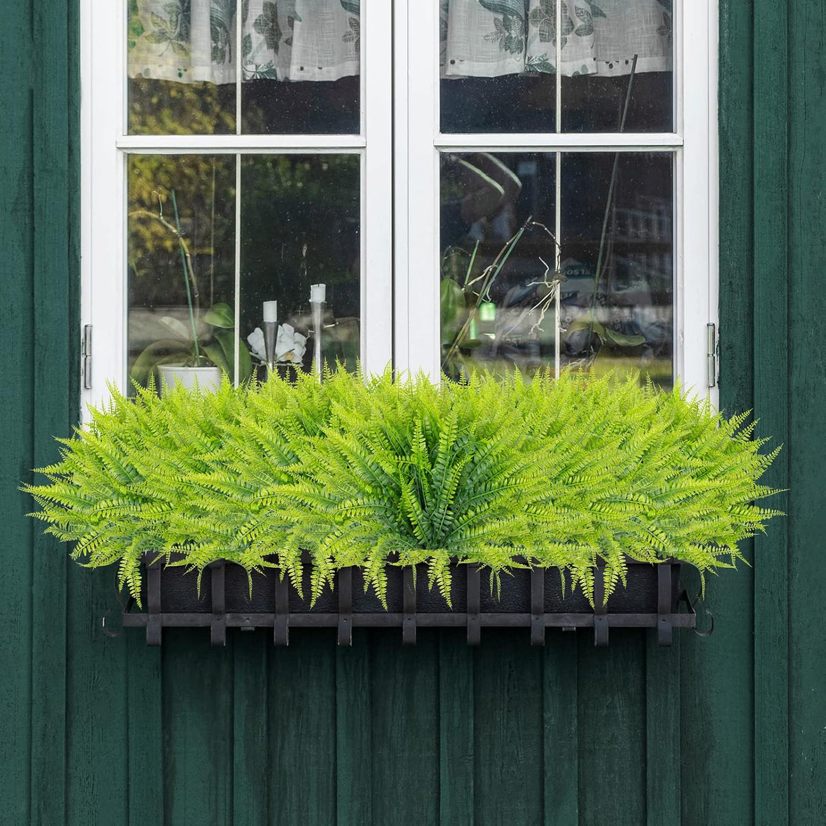 12 Bundles Artificial Boston Ferns Fake Plants Outdoor Greenery Stems Faux Shrubs UV Resistant No Fade Plastic Grass Plants for Garden Front Porch Table Window Box Home Decorations（Green）