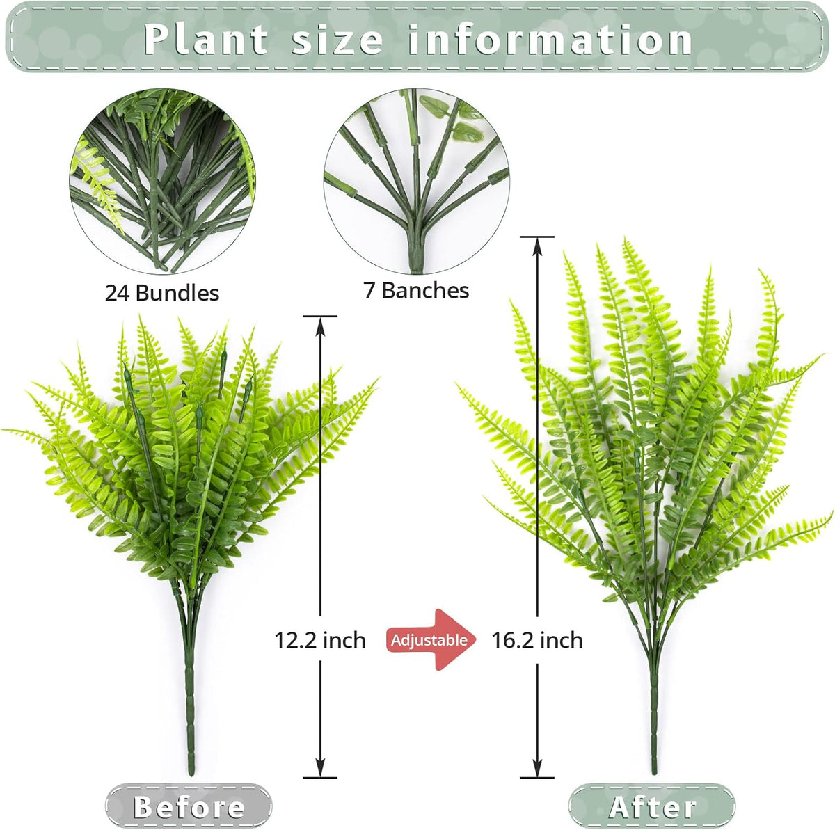 12 Bundles Artificial Boston Ferns Fake Plants Outdoor Greenery Stems Faux Shrubs UV Resistant No Fade Plastic Grass Plants for Garden Front Porch Table Window Box Home Decorations（Green）