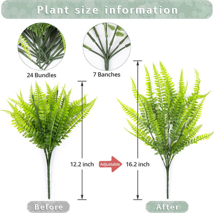 12 Bundles Artificial Boston Ferns Fake Plants Outdoor Greenery Stems Faux Shrubs UV Resistant No Fade Plastic Grass Plants for Garden Front Porch Table Window Box Home Decorations（Green）