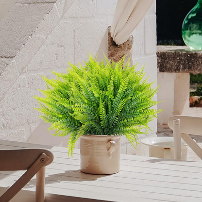 12 Bundles Artificial Boston Ferns Fake Plants Outdoor Greenery Stems Faux Shrubs UV Resistant No Fade Plastic Grass Plants for Garden Front Porch Table Window Box Home Decorations（Green）