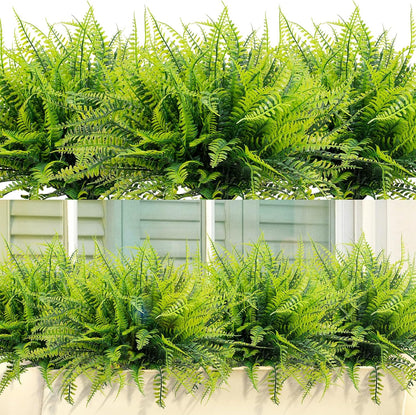 12 Bundles Artificial Boston Ferns Fake Plants Outdoor Greenery Stems Faux Shrubs UV Resistant No Fade Plastic Grass Plants for Garden Front Porch Table Window Box Home Decorations（Green）