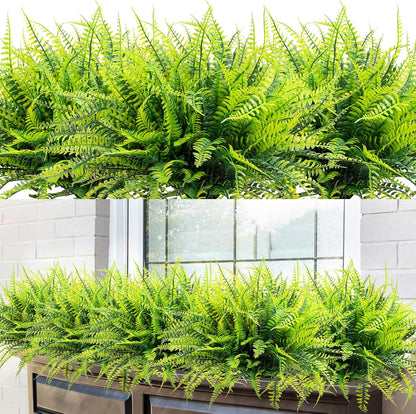 12 Bundles Artificial Boston Ferns Fake Plants Outdoor Greenery Stems Faux Shrubs UV Resistant No Fade Plastic Grass Plants for Garden Front Porch Table Window Box Home Decorations（Green）