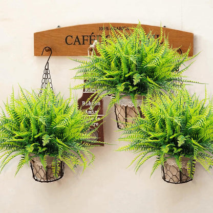 12 Bundles Artificial Boston Ferns Fake Plants Outdoor Greenery Stems Faux Shrubs UV Resistant No Fade Plastic Grass Plants for Garden Front Porch Table Window Box Home Decorations（Green）
