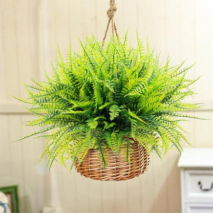 12 Bundles Artificial Boston Ferns Fake Plants Outdoor Greenery Stems Faux Shrubs UV Resistant No Fade Plastic Grass Plants for Garden Front Porch Table Window Box Home Decorations（Green）
