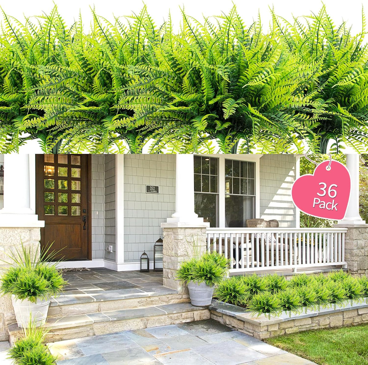 12 Bundles Artificial Boston Ferns Fake Plants Outdoor Greenery Stems Faux Shrubs UV Resistant No Fade Plastic Grass Plants for Garden Front Porch Table Window Box Home Decorations（Green）