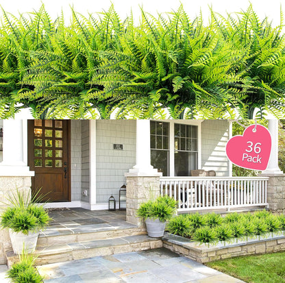 12 Bundles Artificial Boston Ferns Fake Plants Outdoor Greenery Stems Faux Shrubs UV Resistant No Fade Plastic Grass Plants for Garden Front Porch Table Window Box Home Decorations（Green）