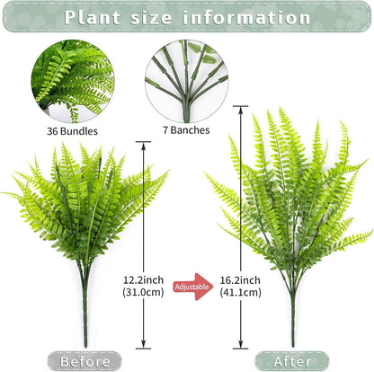 12 Bundles Artificial Boston Ferns Fake Plants Outdoor Greenery Stems Faux Shrubs UV Resistant No Fade Plastic Grass Plants for Garden Front Porch Table Window Box Home Decorations（Green）