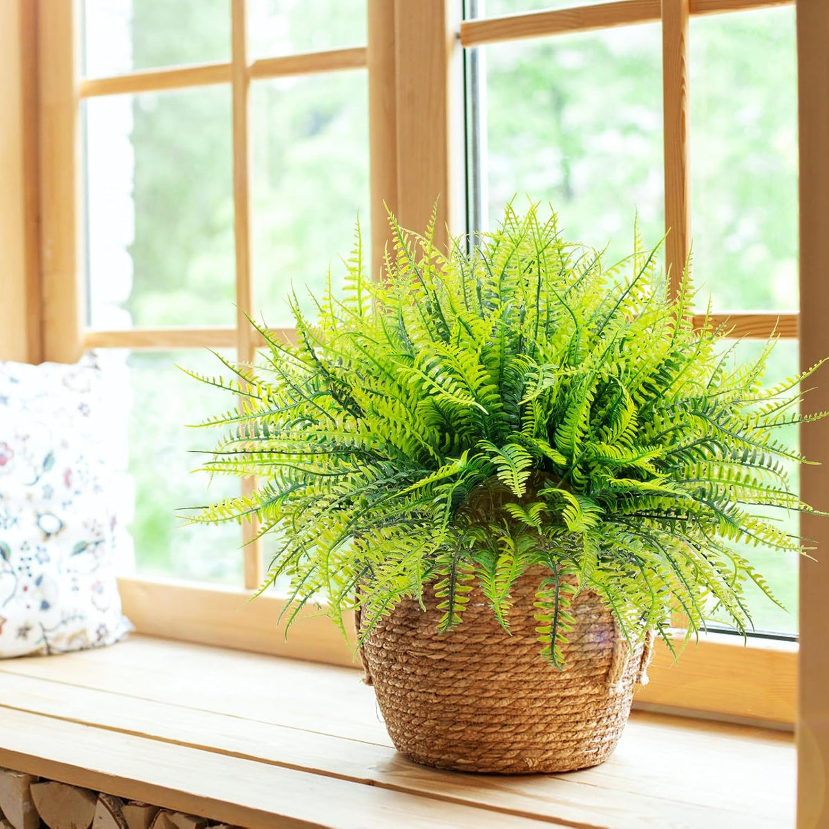 12 Bundles Artificial Boston Ferns Fake Plants Outdoor Greenery Stems Faux Shrubs UV Resistant No Fade Plastic Grass Plants for Garden Front Porch Table Window Box Home Decorations（Green）