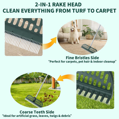 Artificial Turf Rake, 47" to 63" Adjustable Long Handle with 18" Wide Head – Turf Rake for Artificial Grass, Carpet, Lawn Sweeper, Pet Hair & Debris Remover