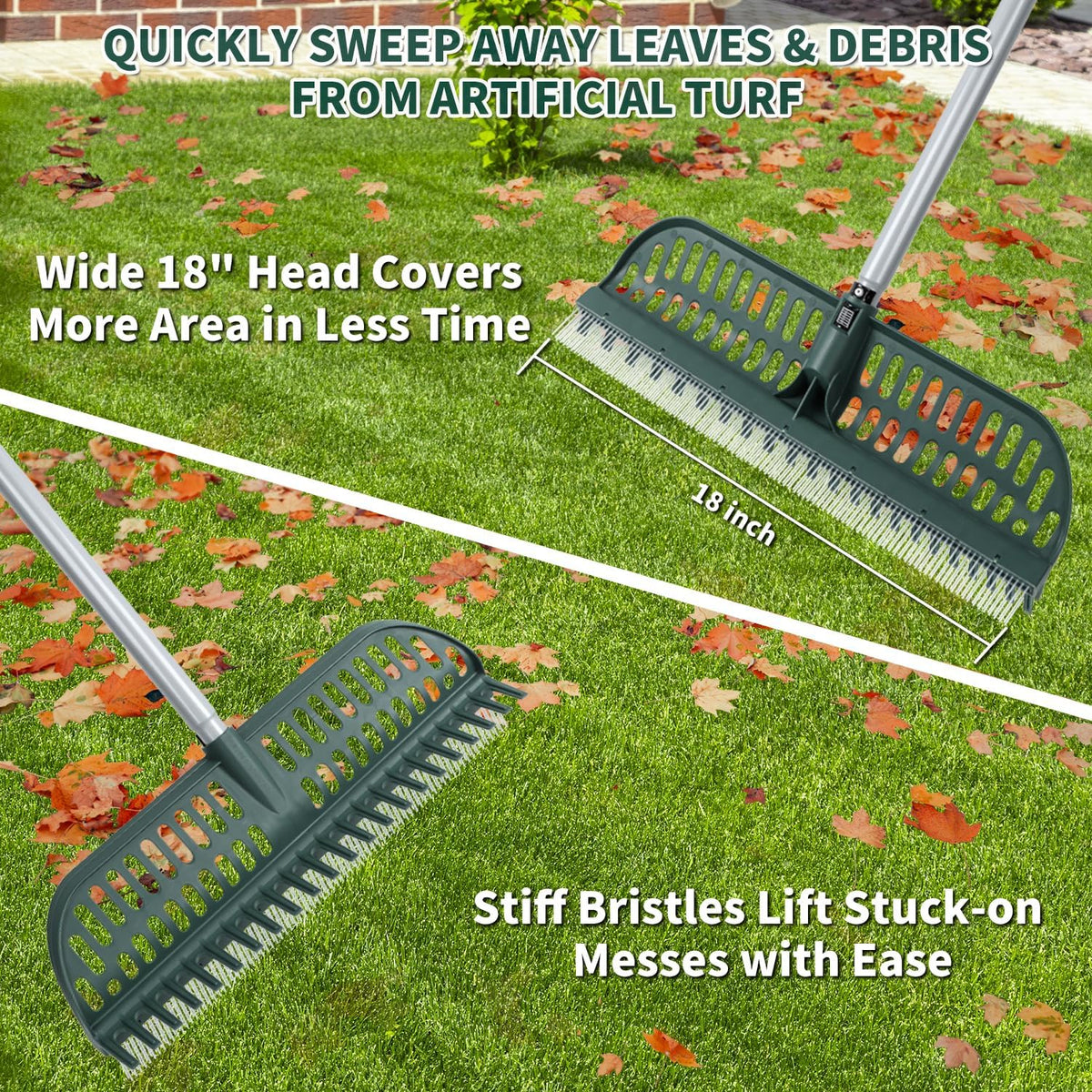 Artificial Turf Rake, 47" to 63" Adjustable Long Handle with 18" Wide Head – Turf Rake for Artificial Grass, Carpet, Lawn Sweeper, Pet Hair & Debris Remover