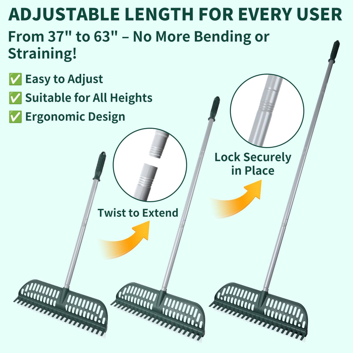 Artificial Turf Rake, 47" to 63" Adjustable Long Handle with 18" Wide Head – Turf Rake for Artificial Grass, Carpet, Lawn Sweeper, Pet Hair & Debris Remover