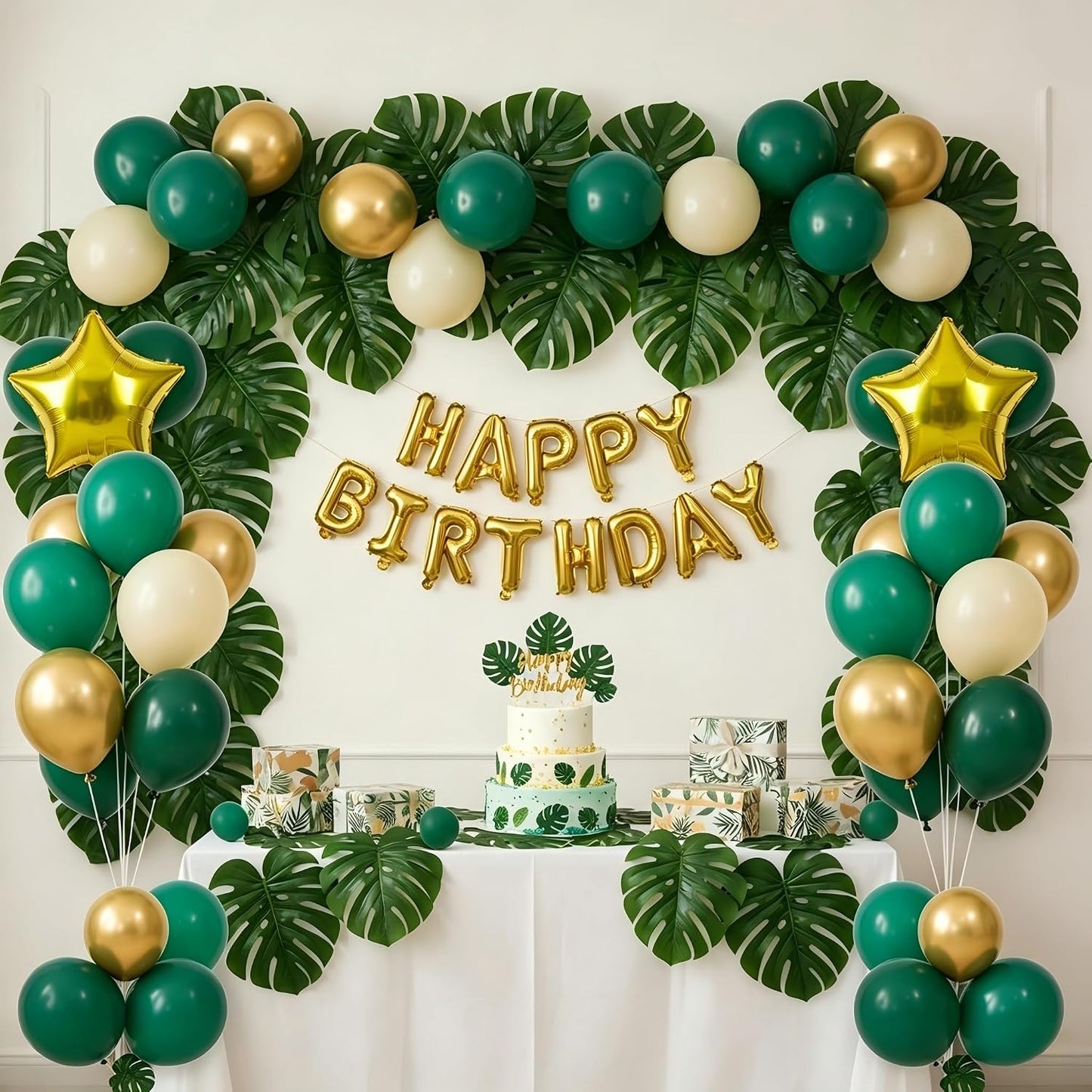 Artificial Palm Monstera Green Leaves for Birthday Party Table Decor, Realistic Tropical Fake Plants for Dinosaur/Jungle, Luau & Safari Theme Events (18, Monstera)
