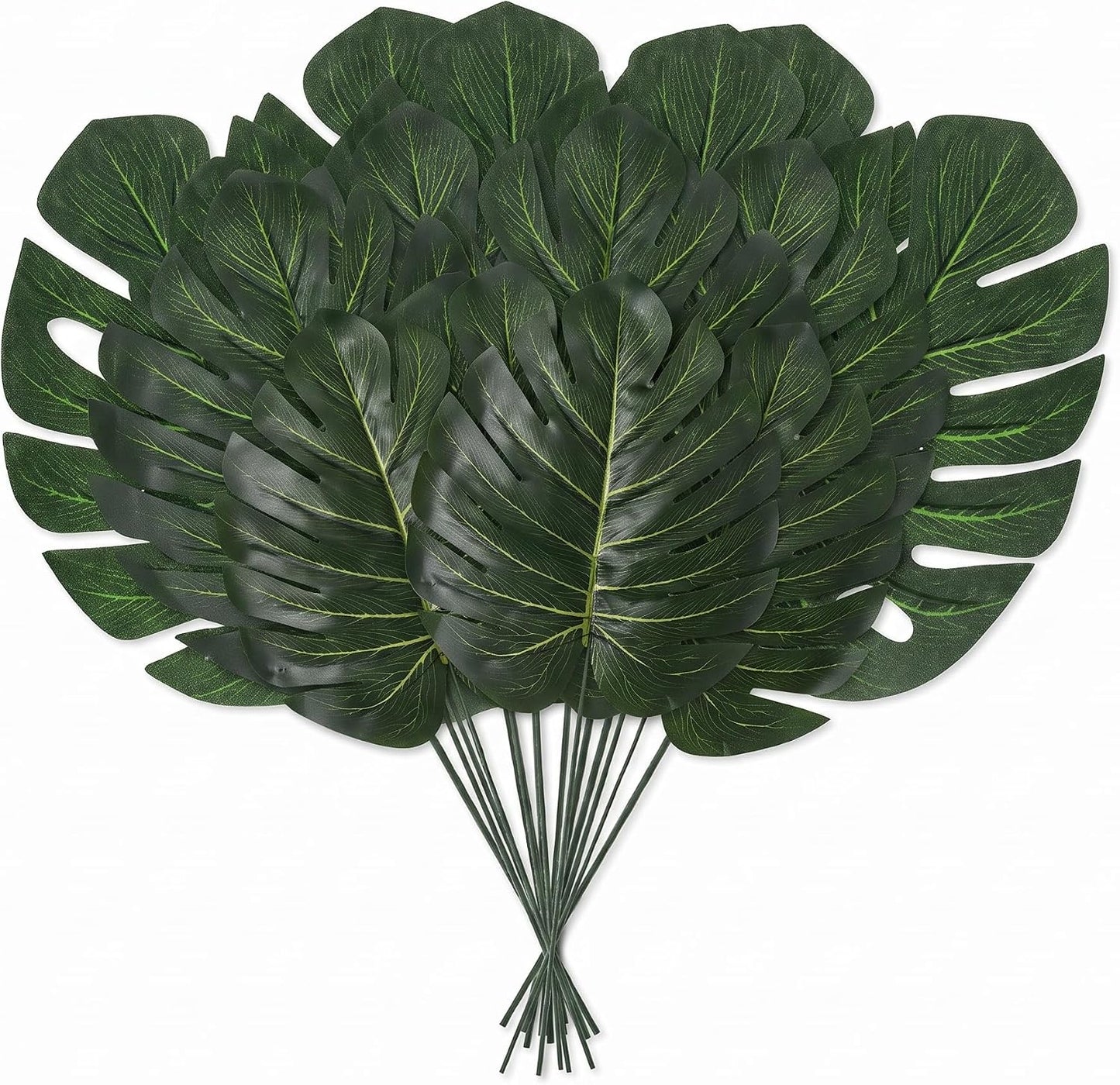 Artificial Palm Monstera Green Leaves for Birthday Party Table Decor, Realistic Tropical Fake Plants for Dinosaur/Jungle, Luau & Safari Theme Events (18, Monstera)