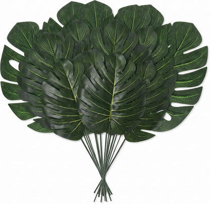 Artificial Palm Monstera Green Leaves for Birthday Party Table Decor, Realistic Tropical Fake Plants for Dinosaur/Jungle, Luau & Safari Theme Events (18, Monstera)