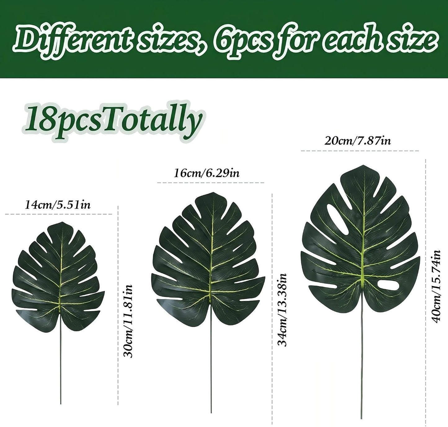 Artificial Palm Monstera Green Leaves for Birthday Party Table Decor, Realistic Tropical Fake Plants for Dinosaur/Jungle, Luau & Safari Theme Events (18, Monstera)