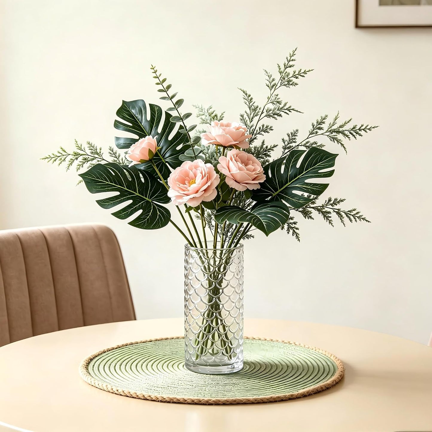 Artificial Palm Monstera Green Leaves for Birthday Party Table Decor, Realistic Tropical Fake Plants for Dinosaur/Jungle, Luau & Safari Theme Events (18, Monstera)