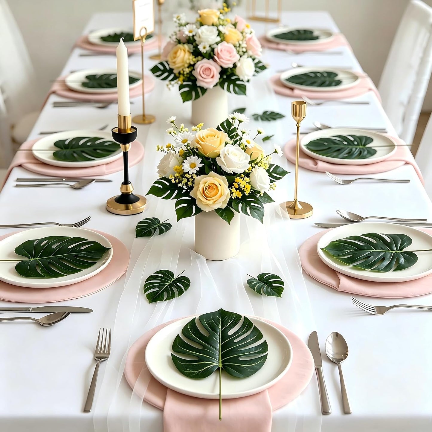 Artificial Palm Monstera Green Leaves for Birthday Party Table Decor, Realistic Tropical Fake Plants for Dinosaur/Jungle, Luau & Safari Theme Events (18, Monstera)