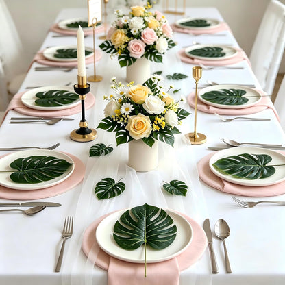 Artificial Palm Monstera Green Leaves for Birthday Party Table Decor, Realistic Tropical Fake Plants for Dinosaur/Jungle, Luau & Safari Theme Events (18, Monstera)