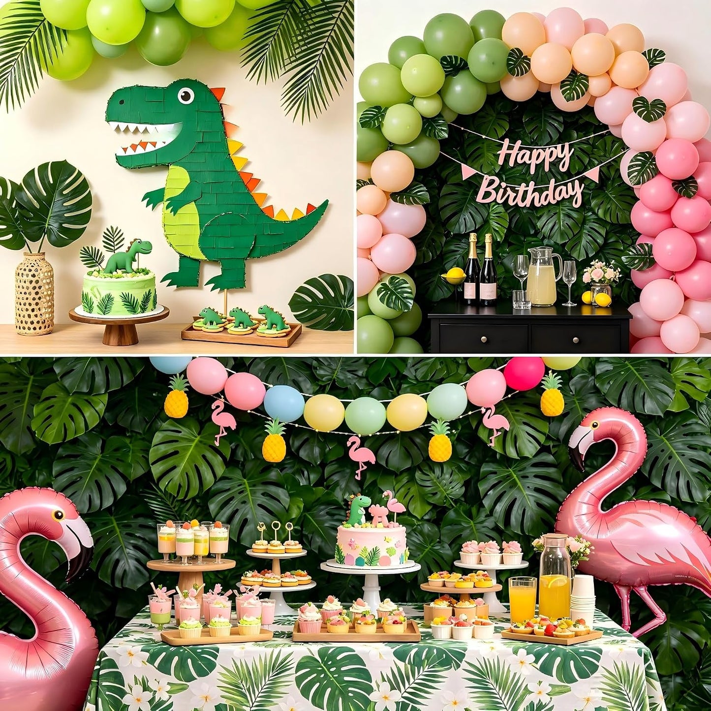 Artificial Palm Monstera Green Leaves for Birthday Party Table Decor, Realistic Tropical Fake Plants for Dinosaur/Jungle, Luau & Safari Theme Events (18, Monstera)
