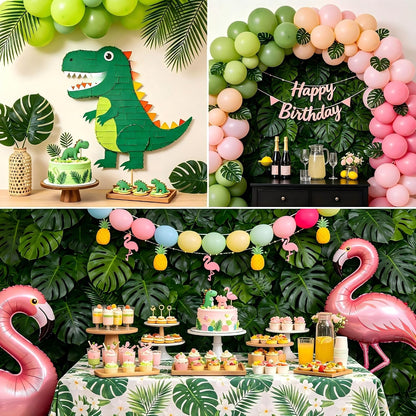 Artificial Palm Monstera Green Leaves for Birthday Party Table Decor, Realistic Tropical Fake Plants for Dinosaur/Jungle, Luau & Safari Theme Events (18, Monstera)