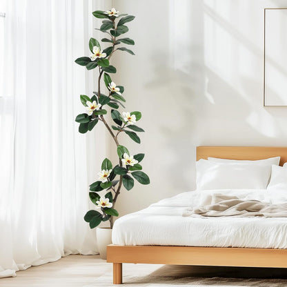 Rubber Tree 7 ft Artificial Tree in White Planter Pot, Faux Plants Indoor | Faux Floor Plant Artificial Plants with 8 Pcs Magnolia Flowers for Home Decor, Artificial Fiddle Leaf Fig Tree for Office