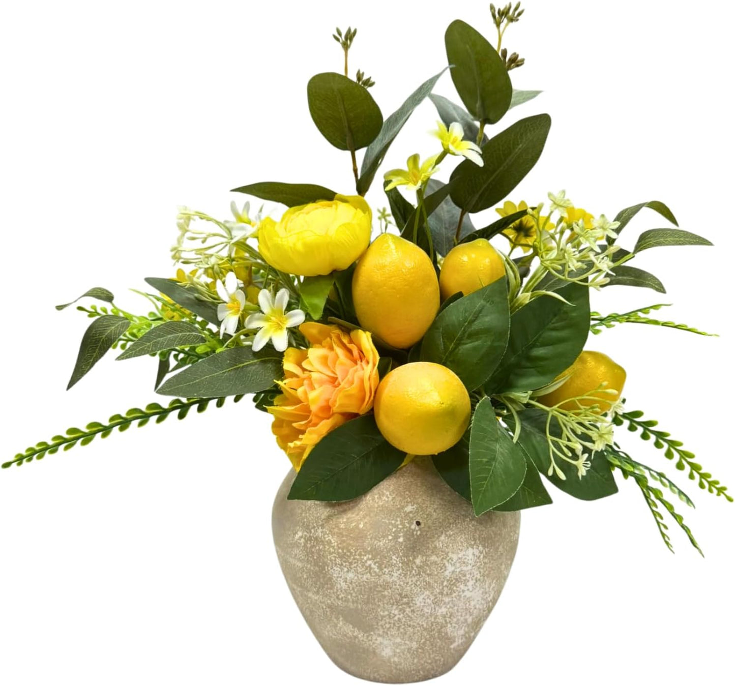 15 Inch Faux Lemon Plant in Rustic Vase with Peony and Eucalyptus | Flower Arrangement with Yellow Lemons, Peonies and Greenery for Kitchen Shelf Table Decor Farmhouse Decor