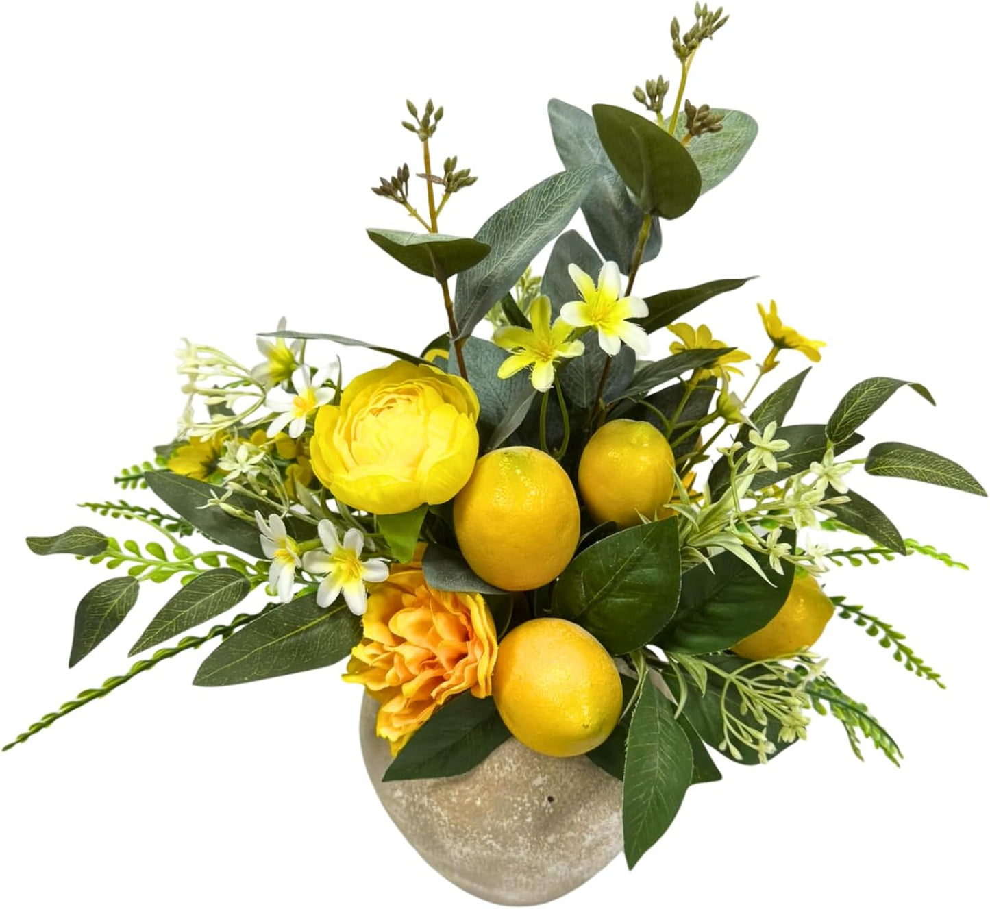 15 Inch Faux Lemon Plant in Rustic Vase with Peony and Eucalyptus | Flower Arrangement with Yellow Lemons, Peonies and Greenery for Kitchen Shelf Table Decor Farmhouse Decor