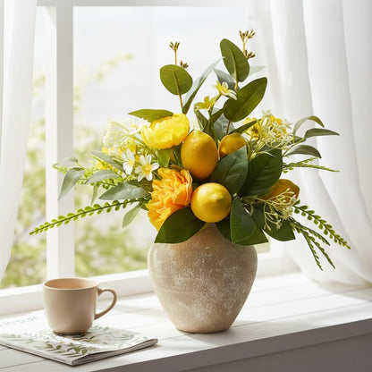 15 Inch Faux Lemon Plant in Rustic Vase with Peony and Eucalyptus | Flower Arrangement with Yellow Lemons, Peonies and Greenery for Kitchen Shelf Table Decor Farmhouse Decor
