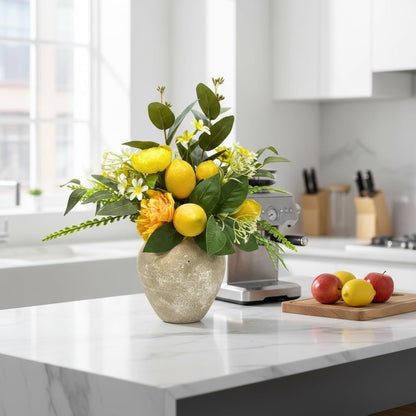 15 Inch Faux Lemon Plant in Rustic Vase with Peony and Eucalyptus | Flower Arrangement with Yellow Lemons, Peonies and Greenery for Kitchen Shelf Table Decor Farmhouse Decor