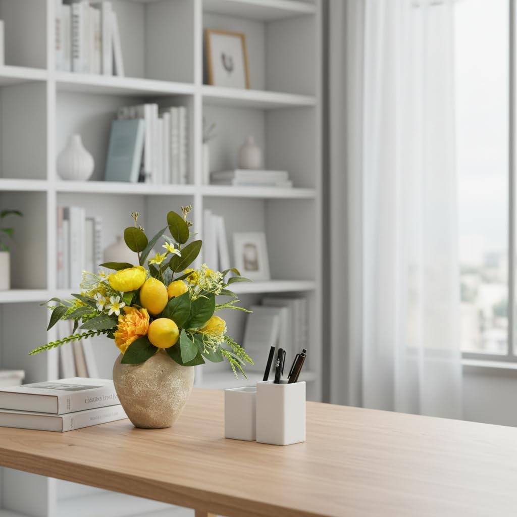 15 Inch Faux Lemon Plant in Rustic Vase with Peony and Eucalyptus | Flower Arrangement with Yellow Lemons, Peonies and Greenery for Kitchen Shelf Table Decor Farmhouse Decor
