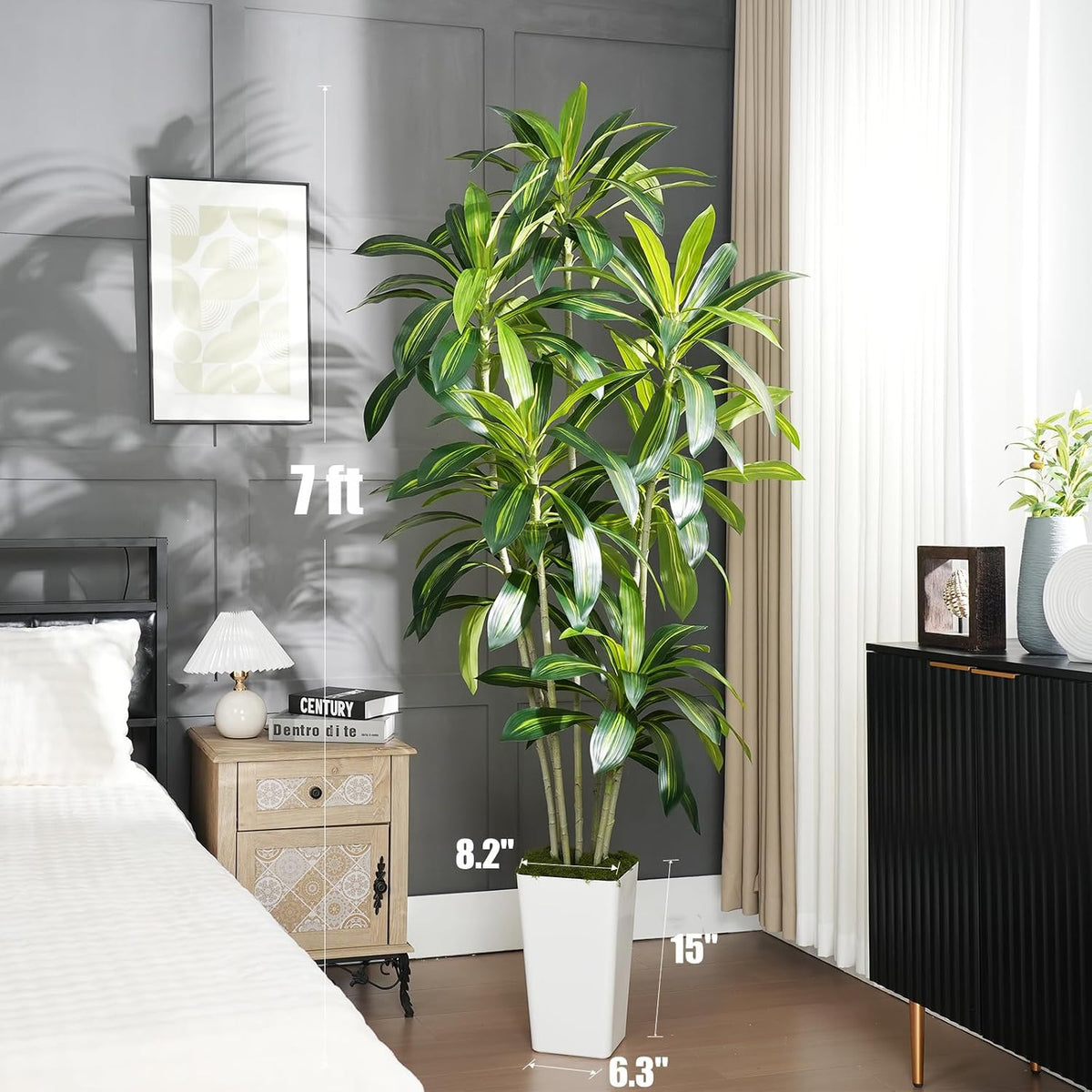 Dracaena Plant Artificial Tree 7Ft Tall Fake Tropical Floor Plants Potted (Real Touch) Artificial Silk Tree Leaf Faux Trees White Tall Planter for Home Office Living Room Indoor Outdoor Decor