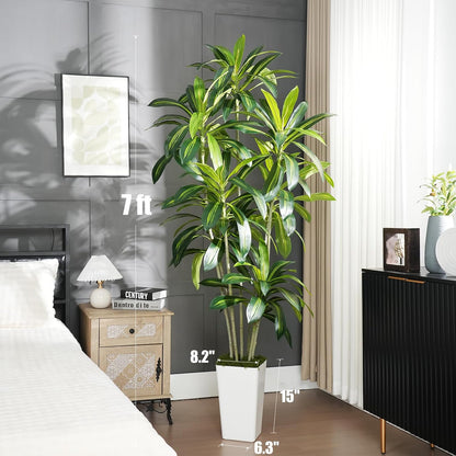 Dracaena Plant Artificial Tree 7Ft Tall Fake Tropical Floor Plants Potted (Real Touch) Artificial Silk Tree Leaf Faux Trees White Tall Planter for Home Office Living Room Indoor Outdoor Decor