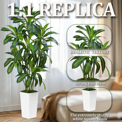 Dracaena Plant Artificial Tree 7Ft Tall Fake Tropical Floor Plants Potted (Real Touch) Artificial Silk Tree Leaf Faux Trees White Tall Planter for Home Office Living Room Indoor Outdoor Decor