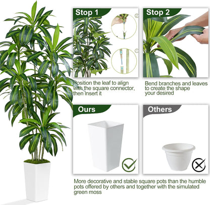 Dracaena Plant Artificial Tree 7Ft Tall Fake Tropical Floor Plants Potted (Real Touch) Artificial Silk Tree Leaf Faux Trees White Tall Planter for Home Office Living Room Indoor Outdoor Decor