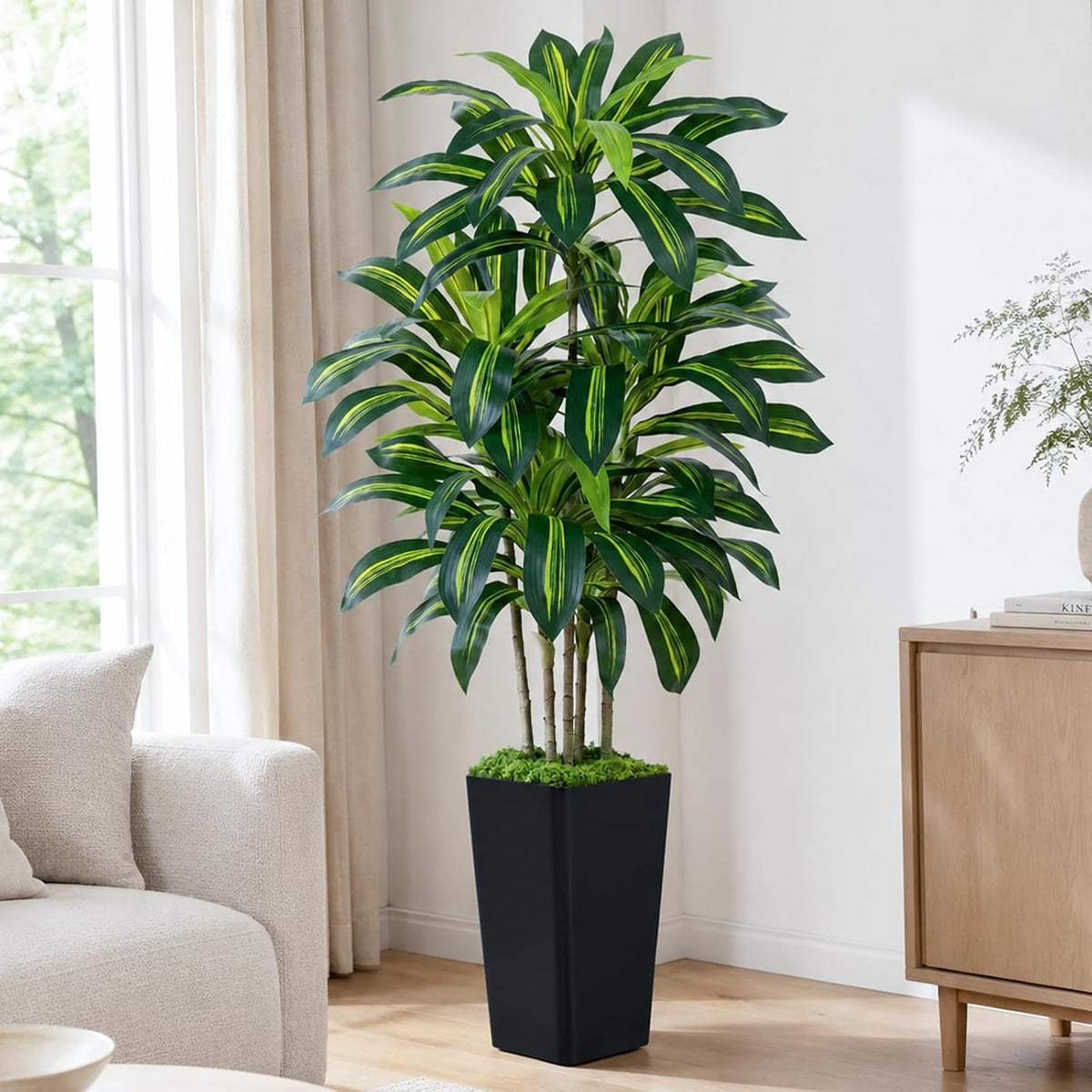 Dracaena Plant Artificial Tree 7Ft Tall Fake Tropical Floor Plants Potted (Real Touch) Artificial Silk Tree Leaf Faux Trees White Tall Planter for Home Office Living Room Indoor Outdoor Decor