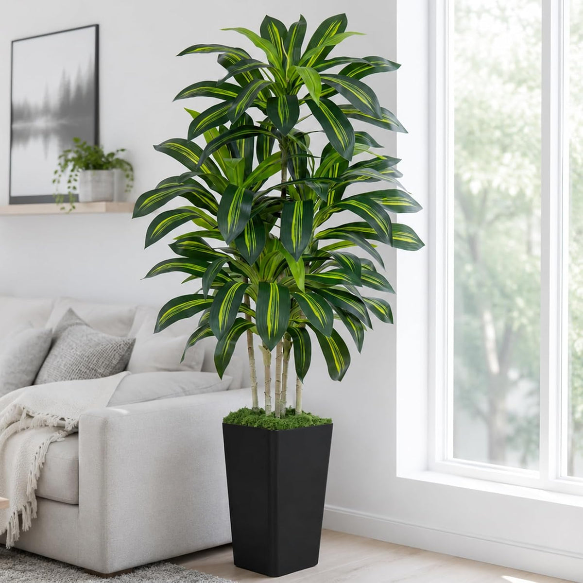 Dracaena Plant Artificial Tree 7Ft Tall Fake Tropical Floor Plants Potted (Real Touch) Artificial Silk Tree Leaf Faux Trees White Tall Planter for Home Office Living Room Indoor Outdoor Decor