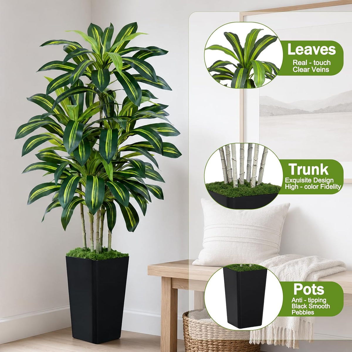 Dracaena Plant Artificial Tree 7Ft Tall Fake Tropical Floor Plants Potted (Real Touch) Artificial Silk Tree Leaf Faux Trees White Tall Planter for Home Office Living Room Indoor Outdoor Decor