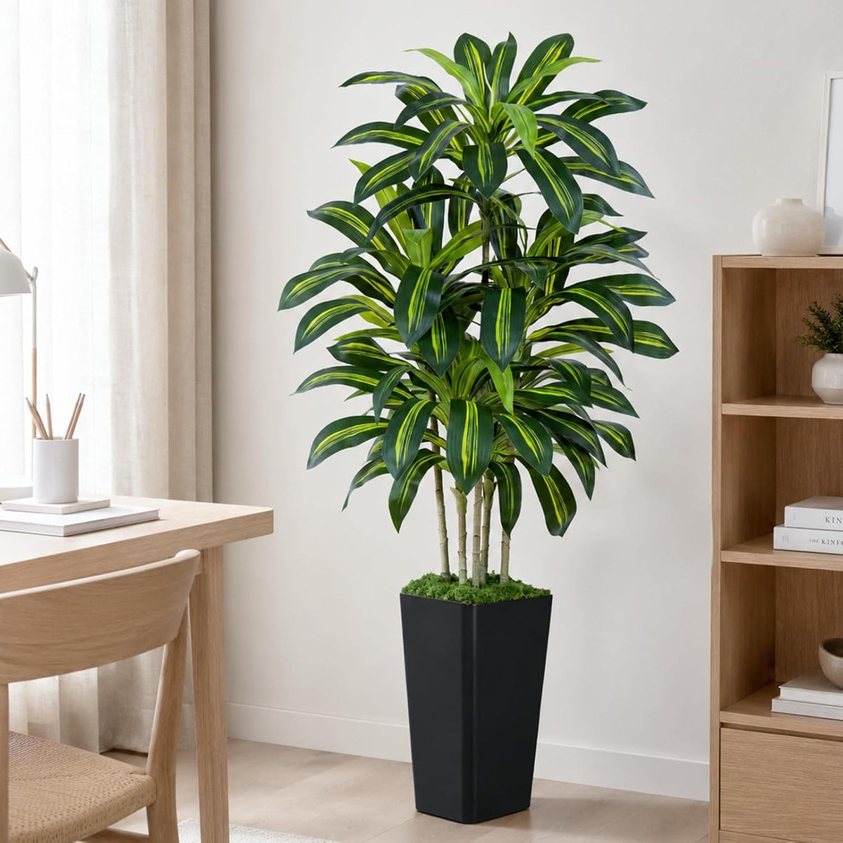 Dracaena Plant Artificial Tree 7Ft Tall Fake Tropical Floor Plants Potted (Real Touch) Artificial Silk Tree Leaf Faux Trees White Tall Planter for Home Office Living Room Indoor Outdoor Decor