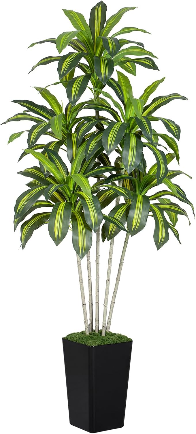 Dracaena Plant Artificial Tree 7Ft Tall Fake Tropical Floor Plants Potted (Real Touch) Artificial Silk Tree Leaf Faux Trees White Tall Planter for Home Office Living Room Indoor Outdoor Decor